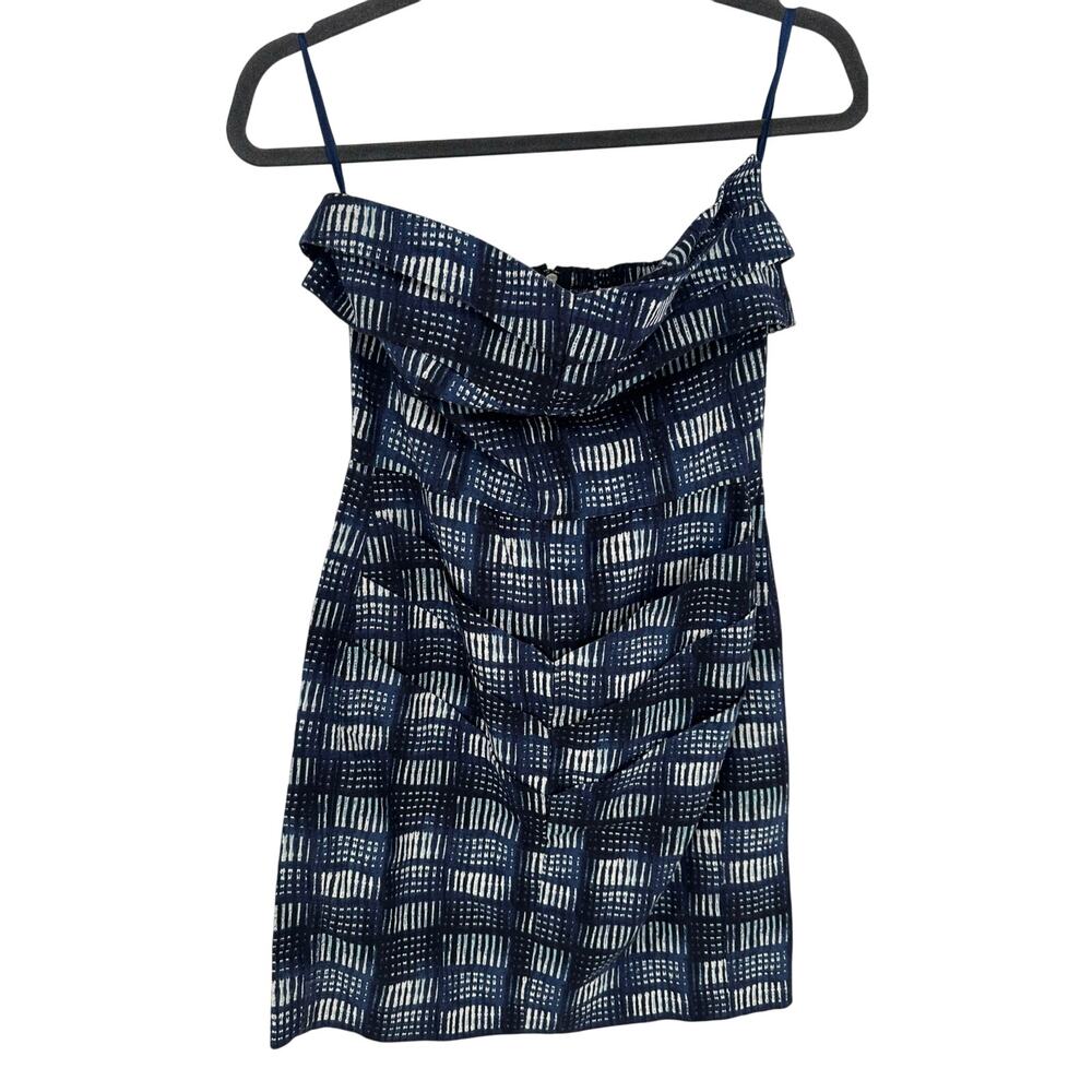 RACHEL Rachel Roy Blue White Ruffled Cowl Neck Strapless Mini Dress Sheath 4 S
